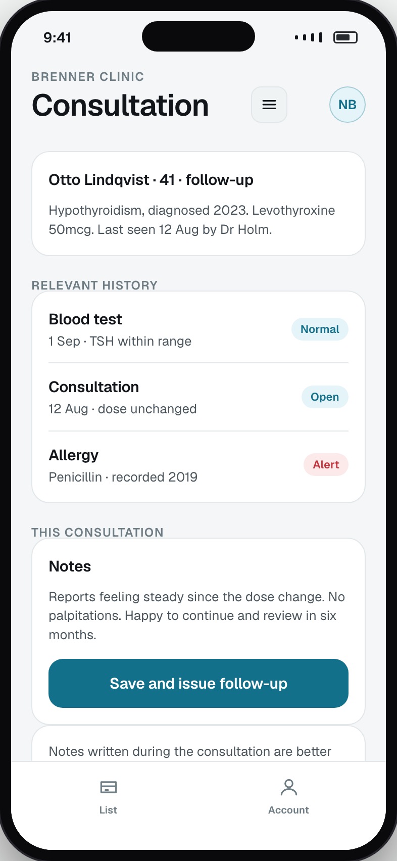 Consultation screen with patient history, notes being written and follow-up actions