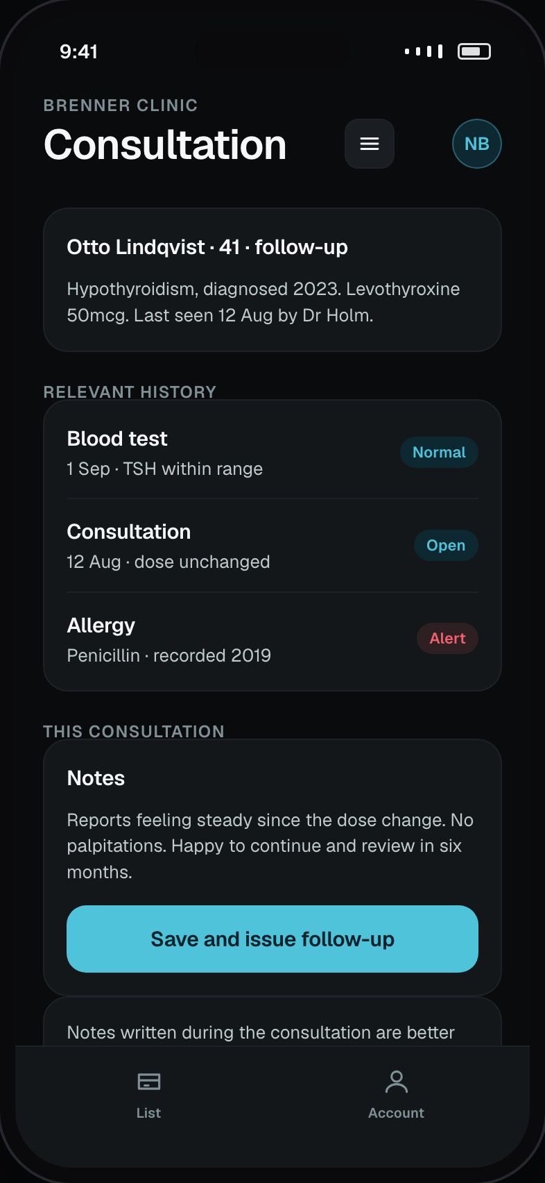 Consultation screen with patient history, notes being written and follow-up actions