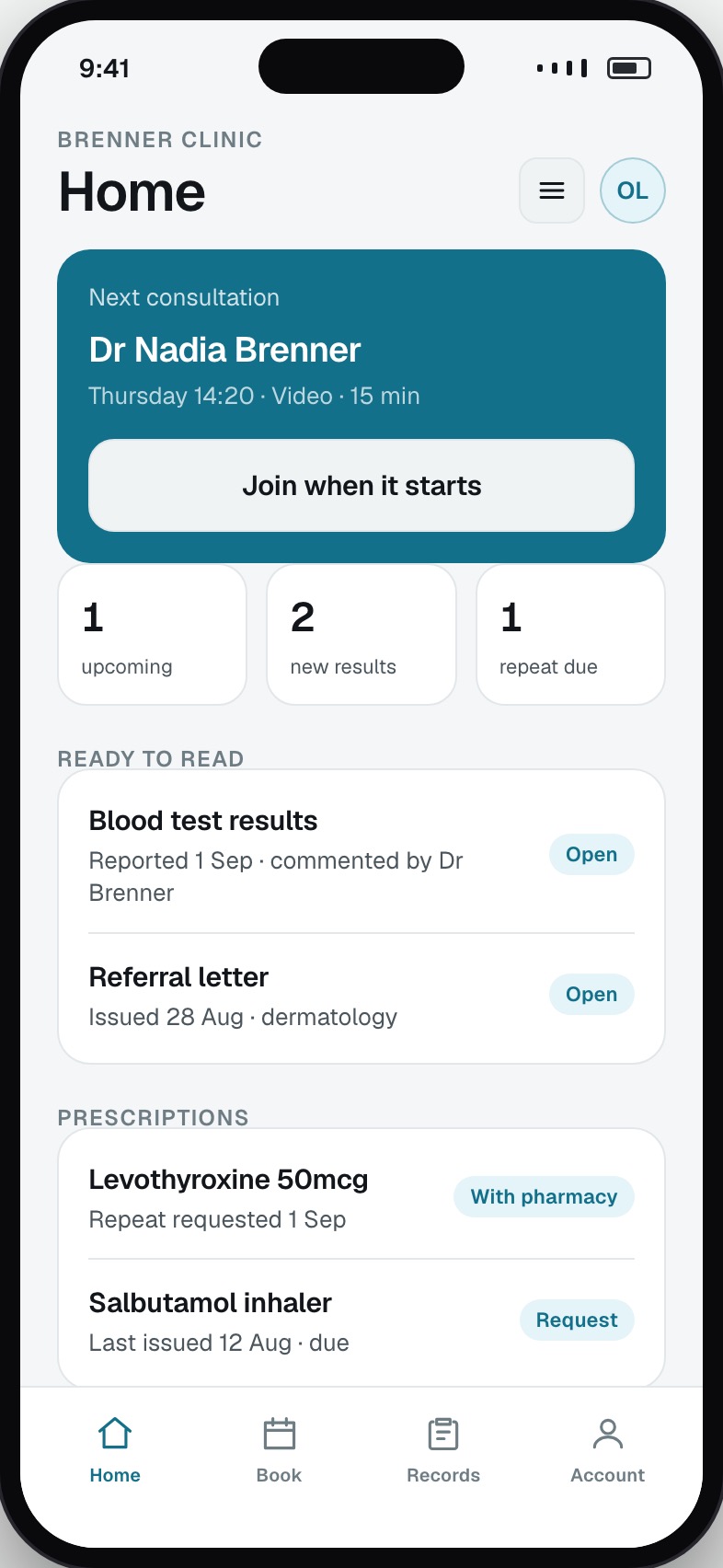Patient home showing the next consultation, recent results and repeat prescriptions