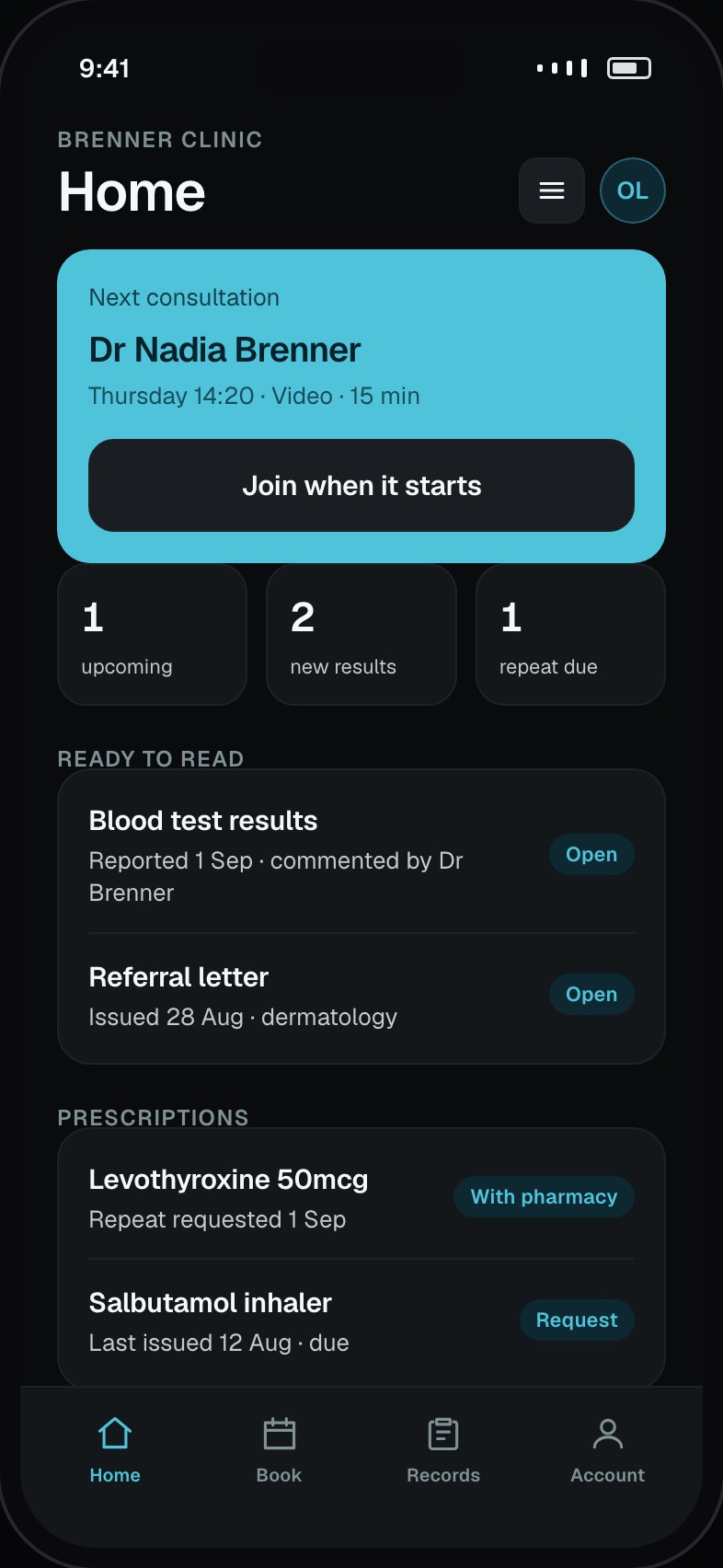 Patient home showing the next consultation, recent results and repeat prescriptions