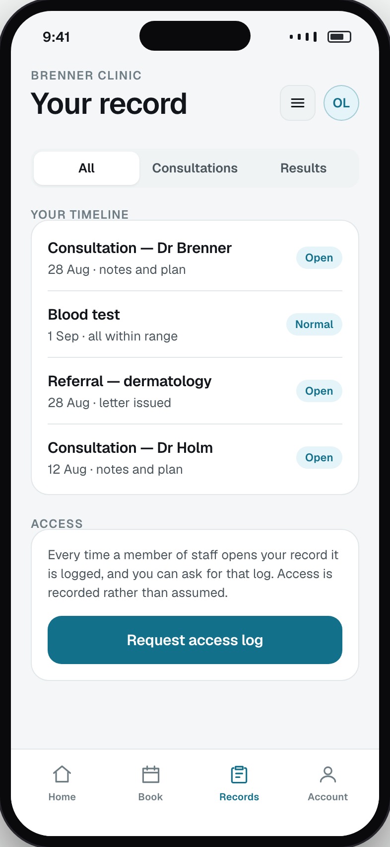 Patient record showing consultations, results, letters and prescriptions