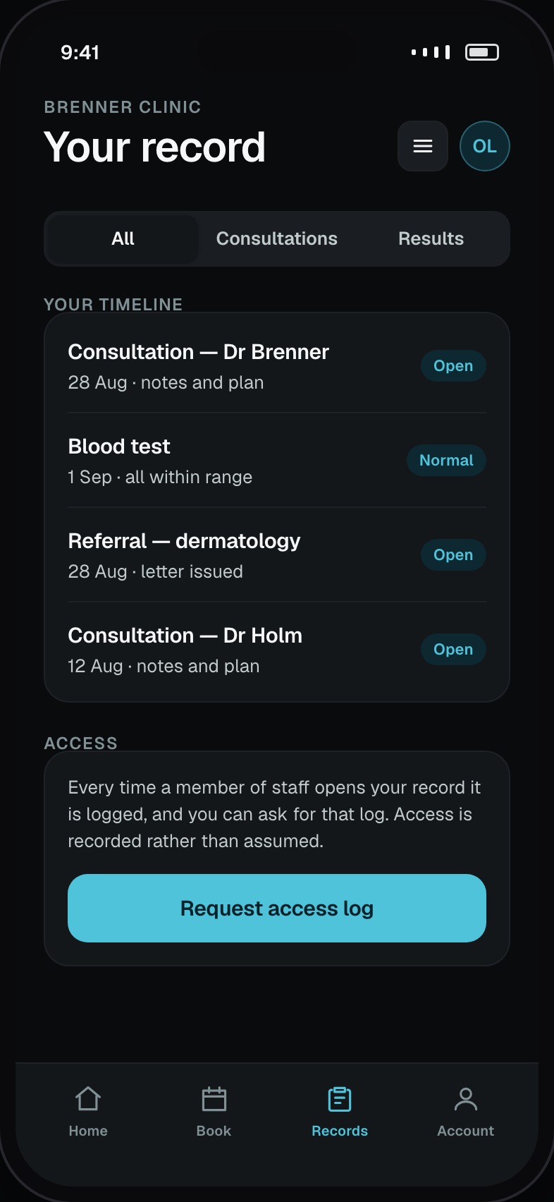 Patient record showing consultations, results, letters and prescriptions