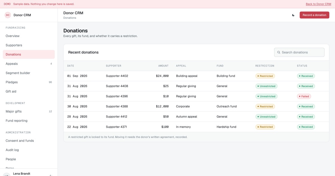 Donation list showing supporter, amount, appeal, fund and whether the gift is restricted