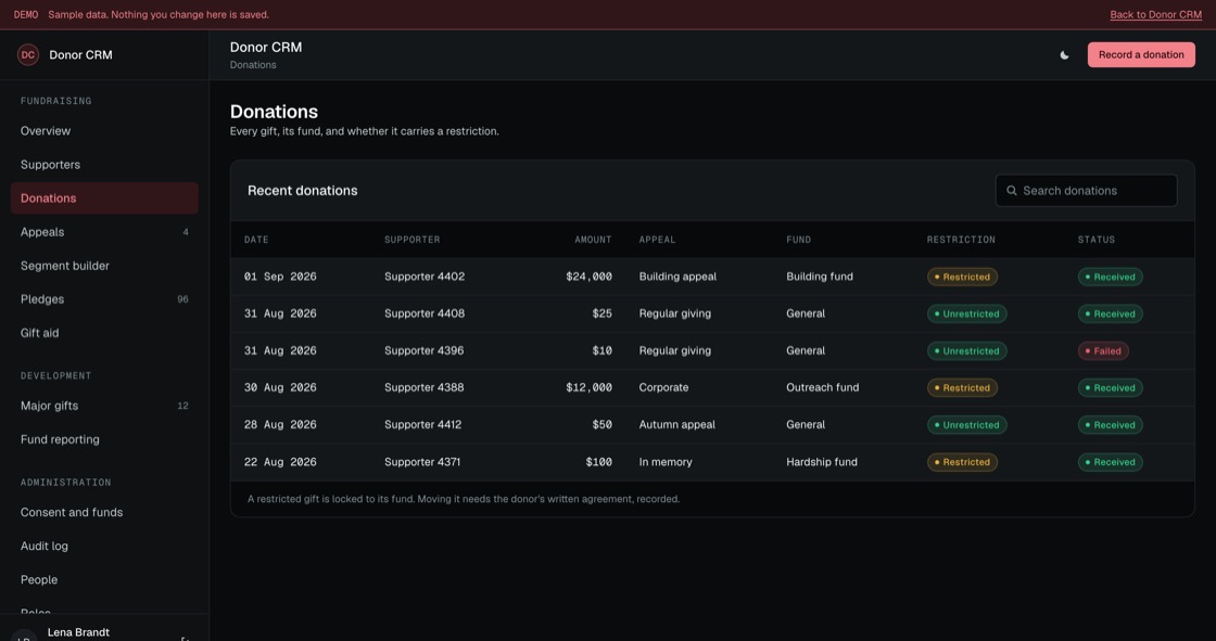 Donation list showing supporter, amount, appeal, fund and whether the gift is restricted