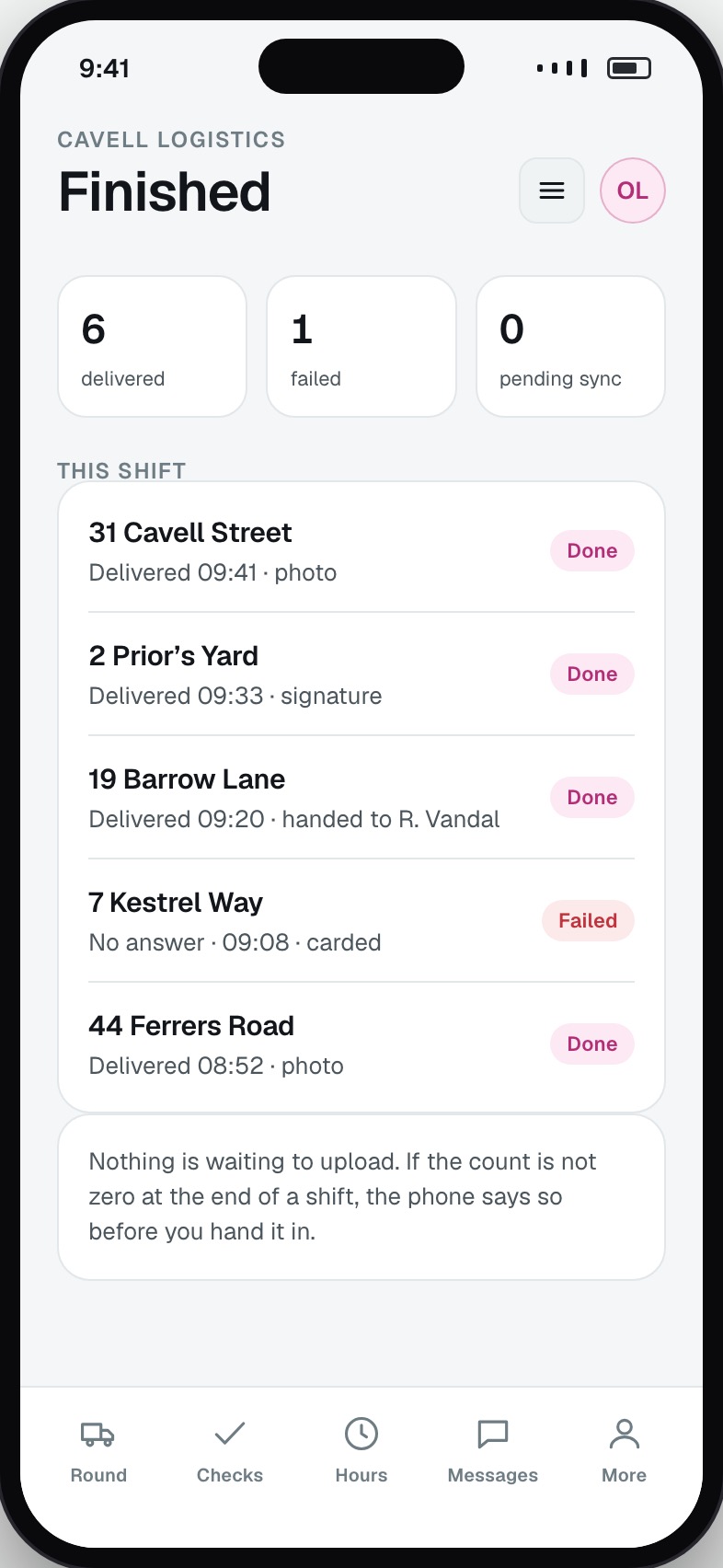 Completed drops for the shift with times and proof captured