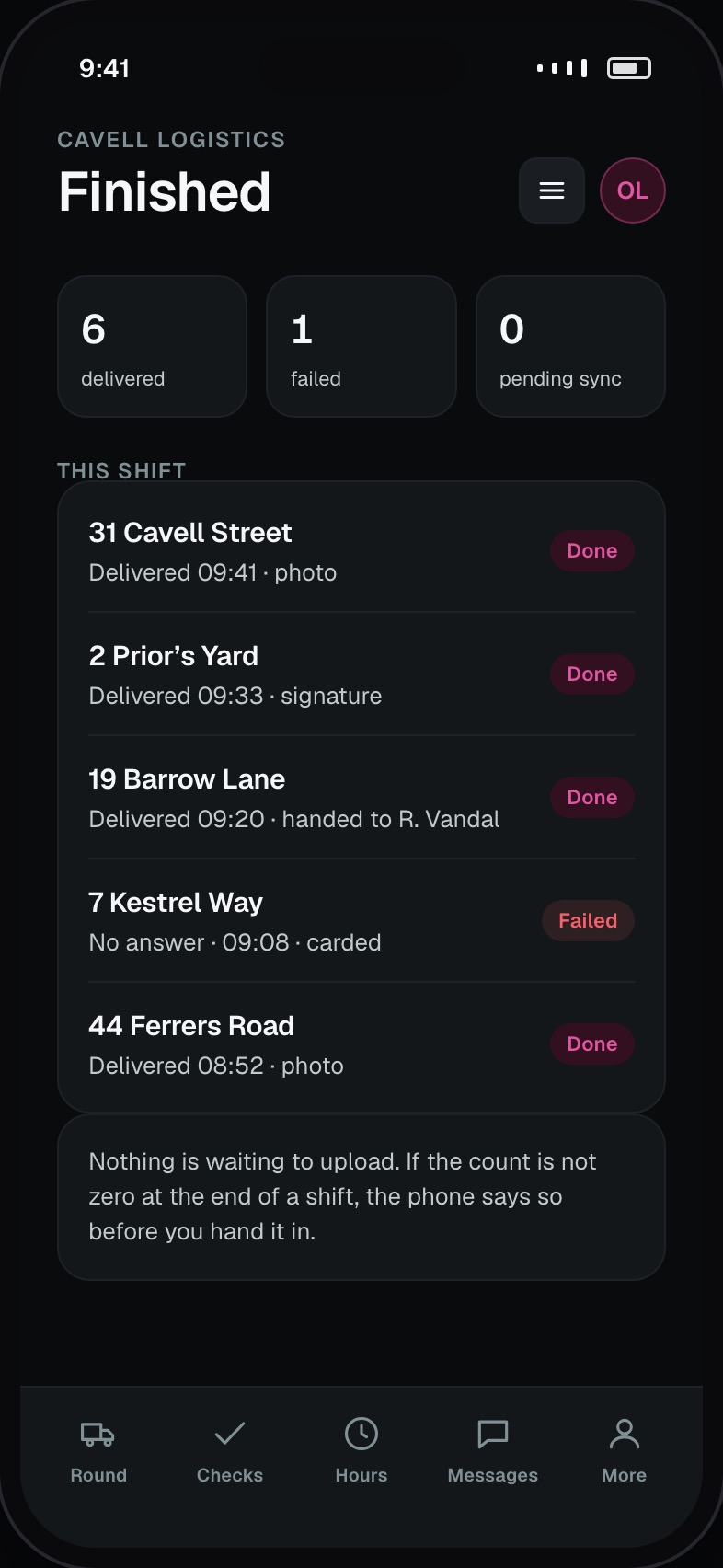 Completed drops for the shift with times and proof captured