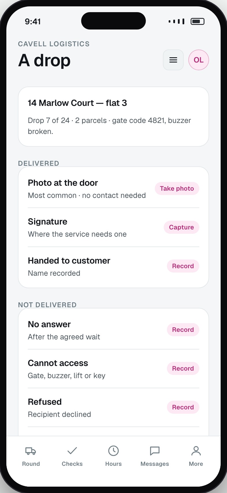 Drop screen with proof of delivery capture and failure reasons