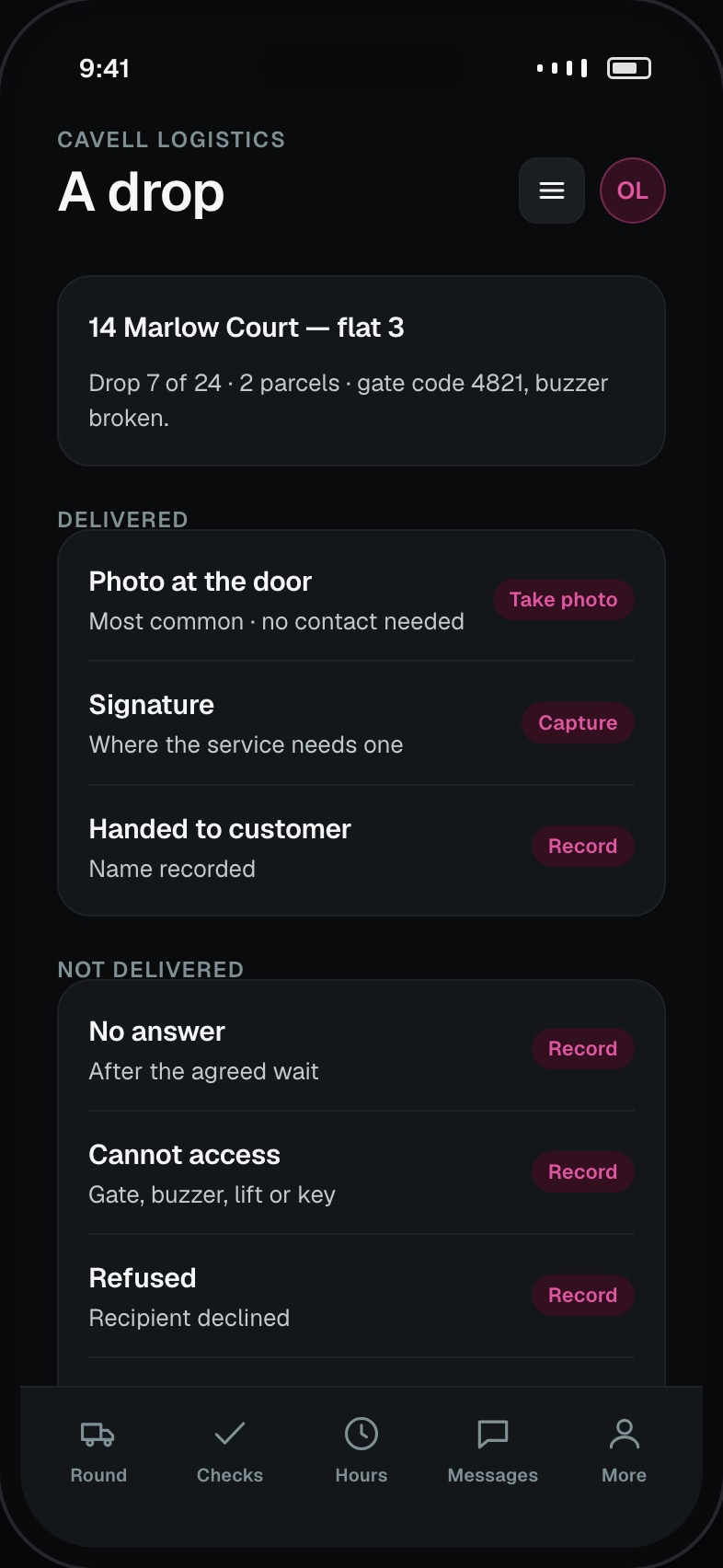 Drop screen with proof of delivery capture and failure reasons