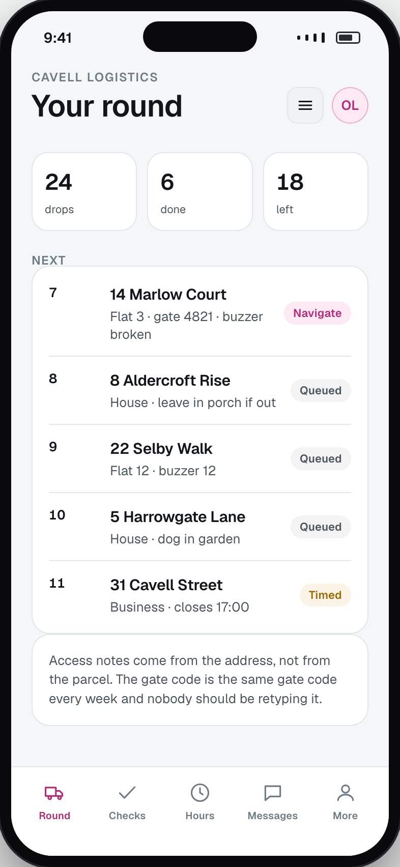 Driver round listing every drop in sequence with access notes and distance