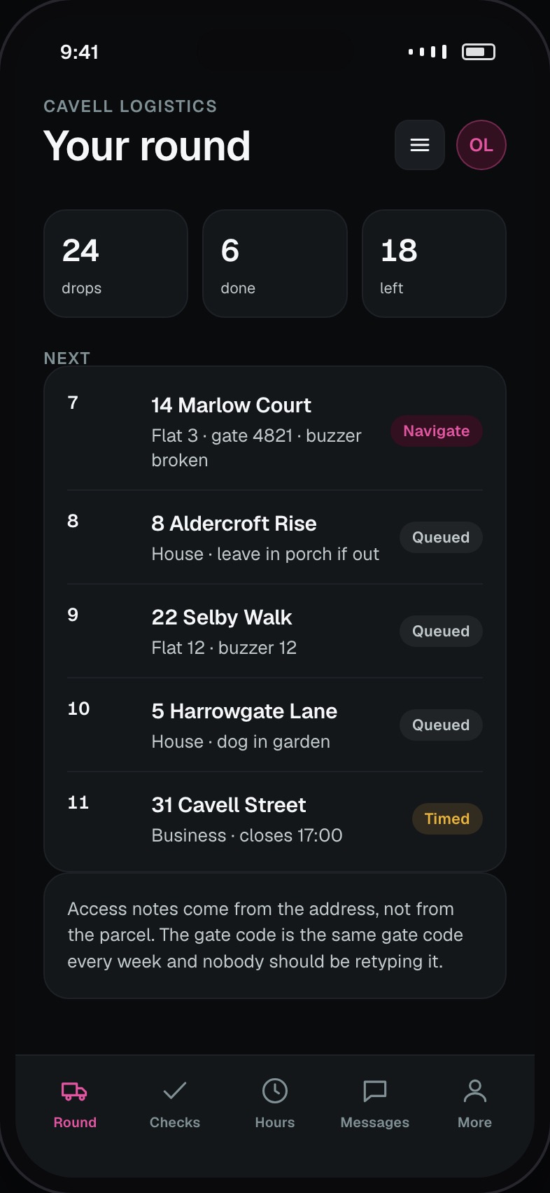 Driver round listing every drop in sequence with access notes and distance