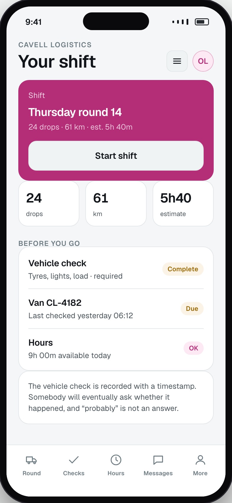 Driver shift start with vehicle check, round summary and hours remaining