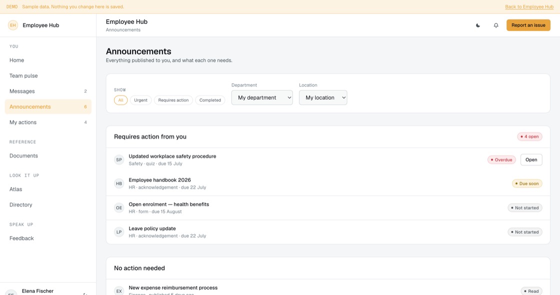 Announcement list filtered by urgency, department and location, showing what each one requires
