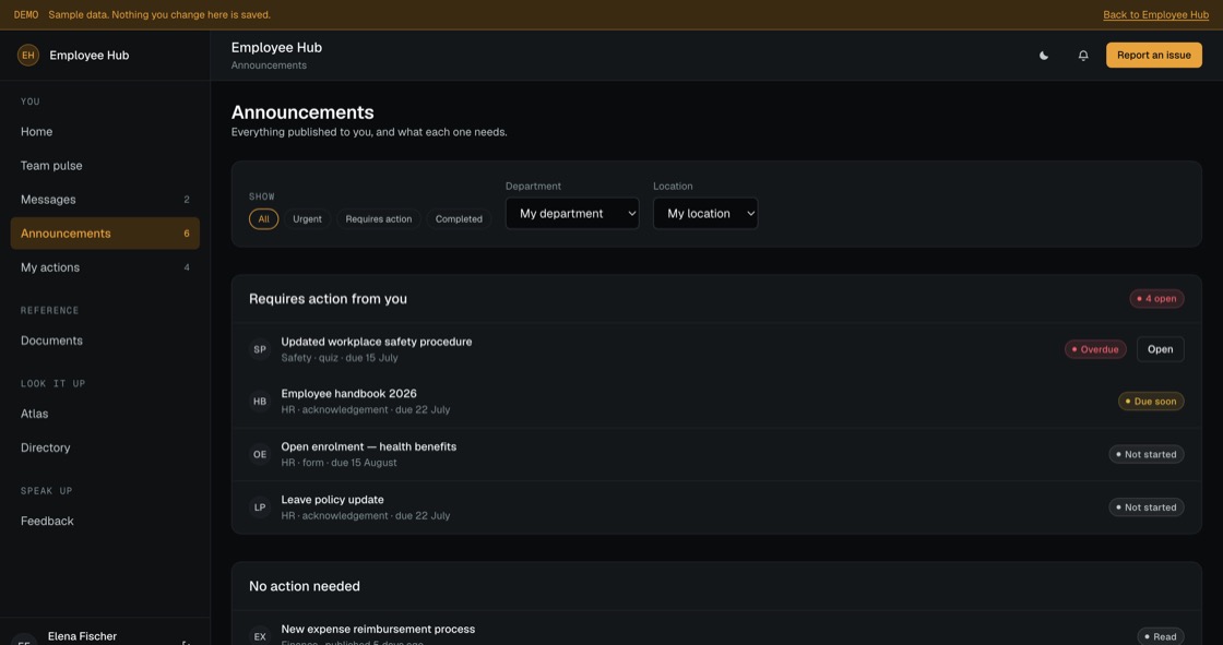 Announcement list filtered by urgency, department and location, showing what each one requires