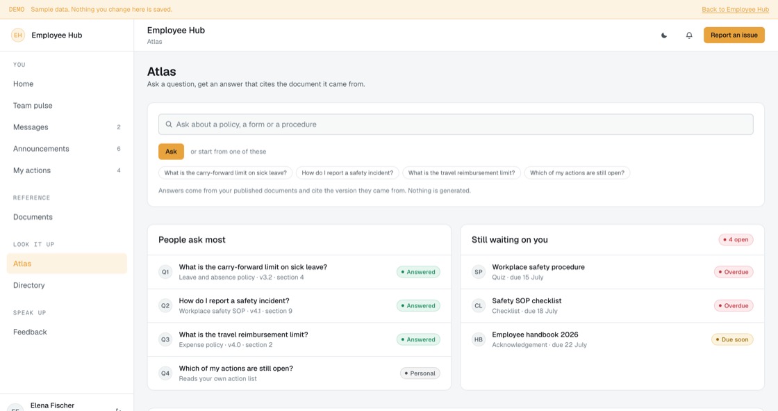 Knowledge search answering policy questions with the document and version each answer came from