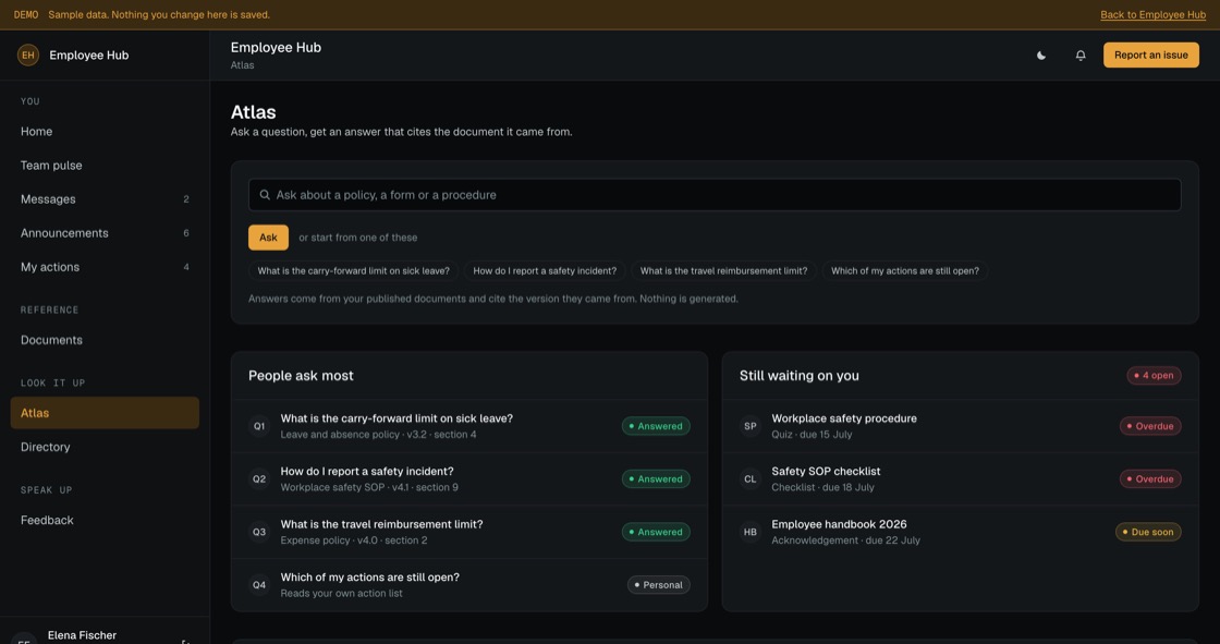 Knowledge search answering policy questions with the document and version each answer came from