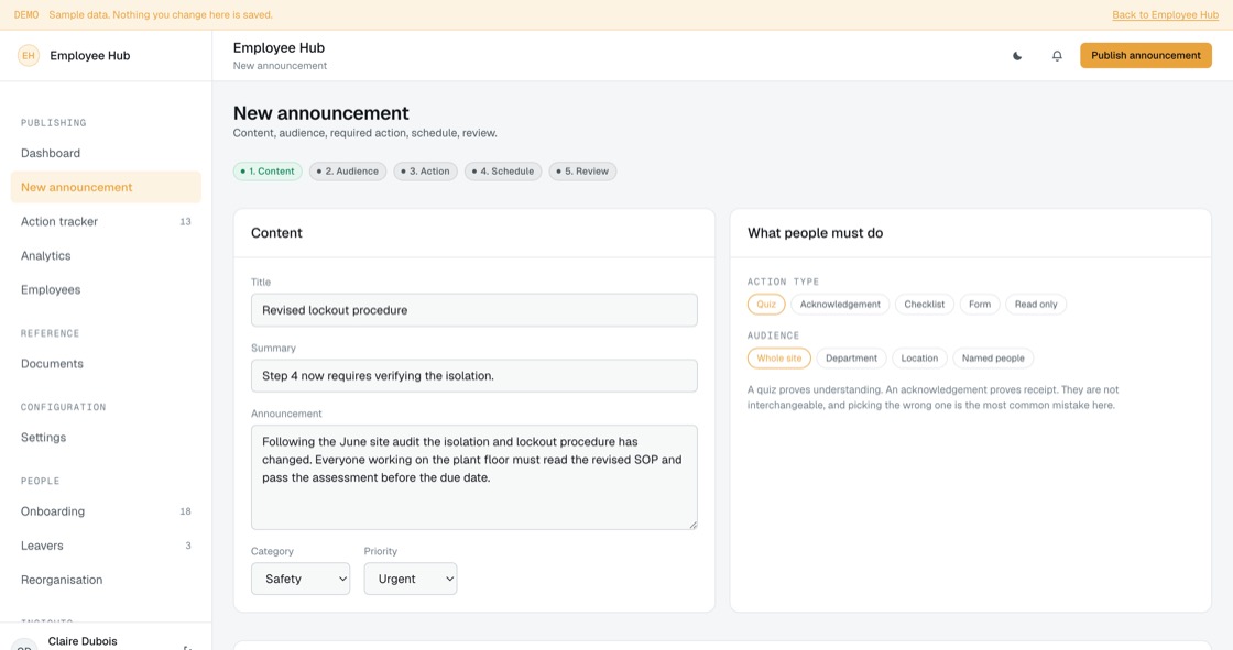 Announcement composer stepping through content, audience, required action, schedule and review