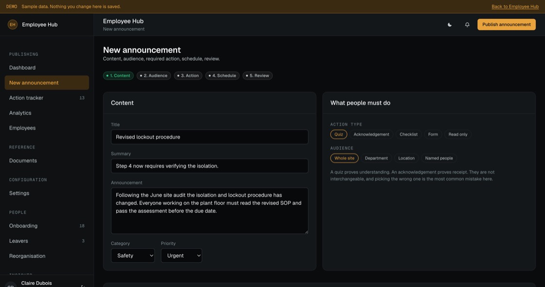 Announcement composer stepping through content, audience, required action, schedule and review