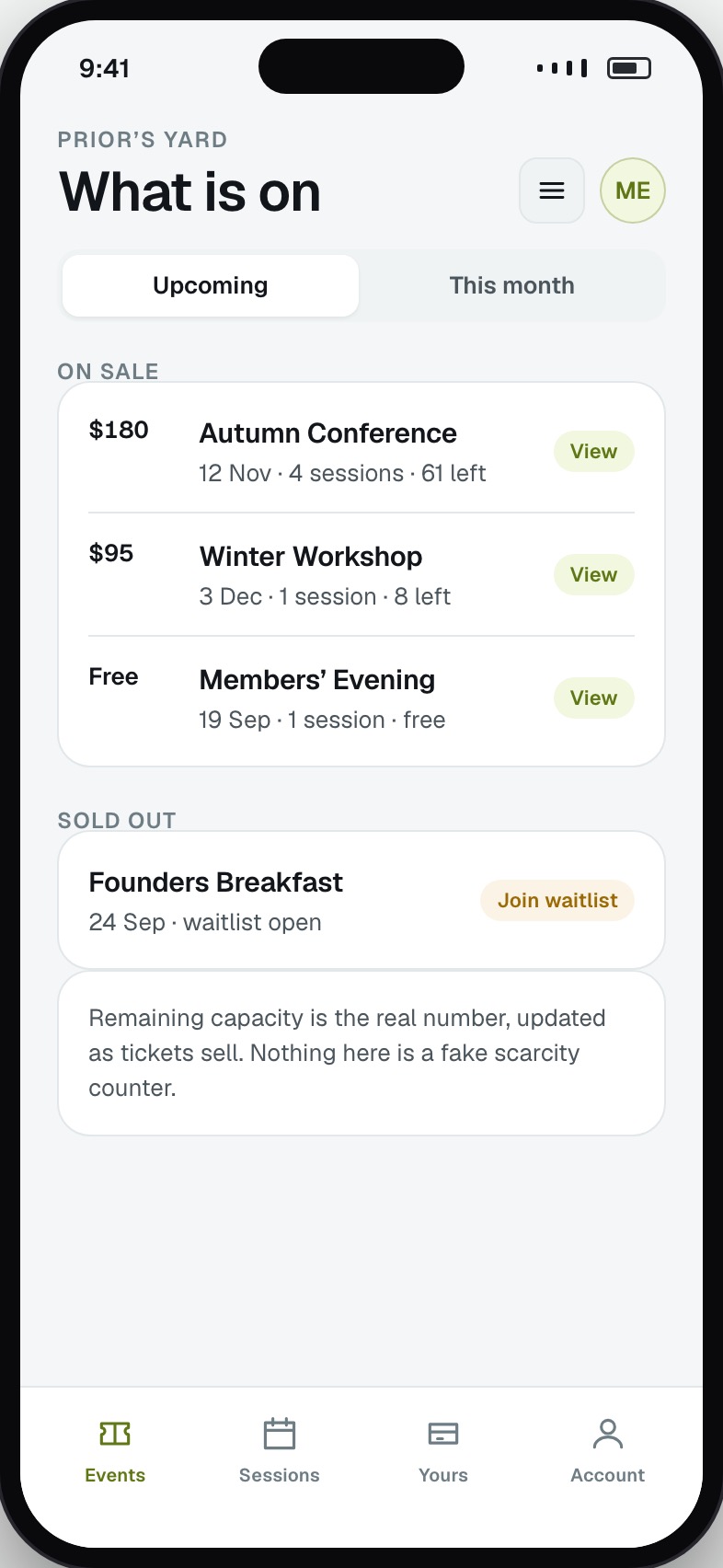 Event list with dates, remaining capacity and pricing tier