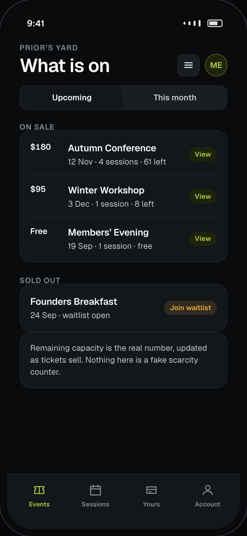 Event list with dates, remaining capacity and pricing tier