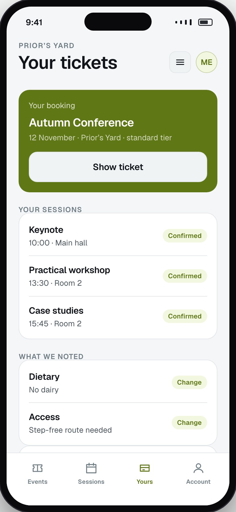 Attendee booking with sessions chosen, requirements noted and the ticket