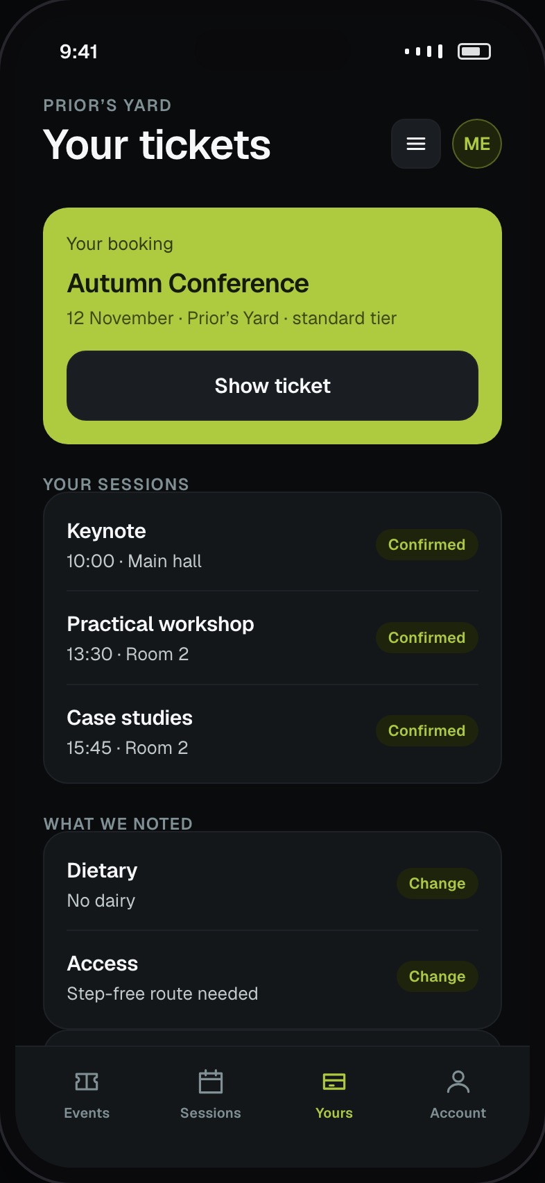 Attendee booking with sessions chosen, requirements noted and the ticket