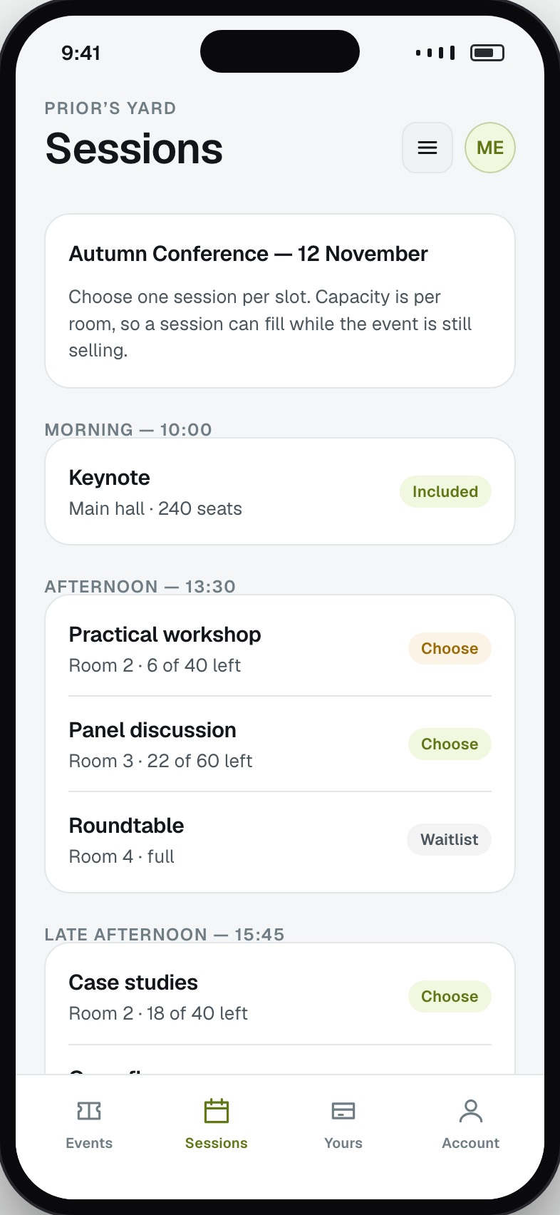 Session picker with capacity per session and clashes prevented