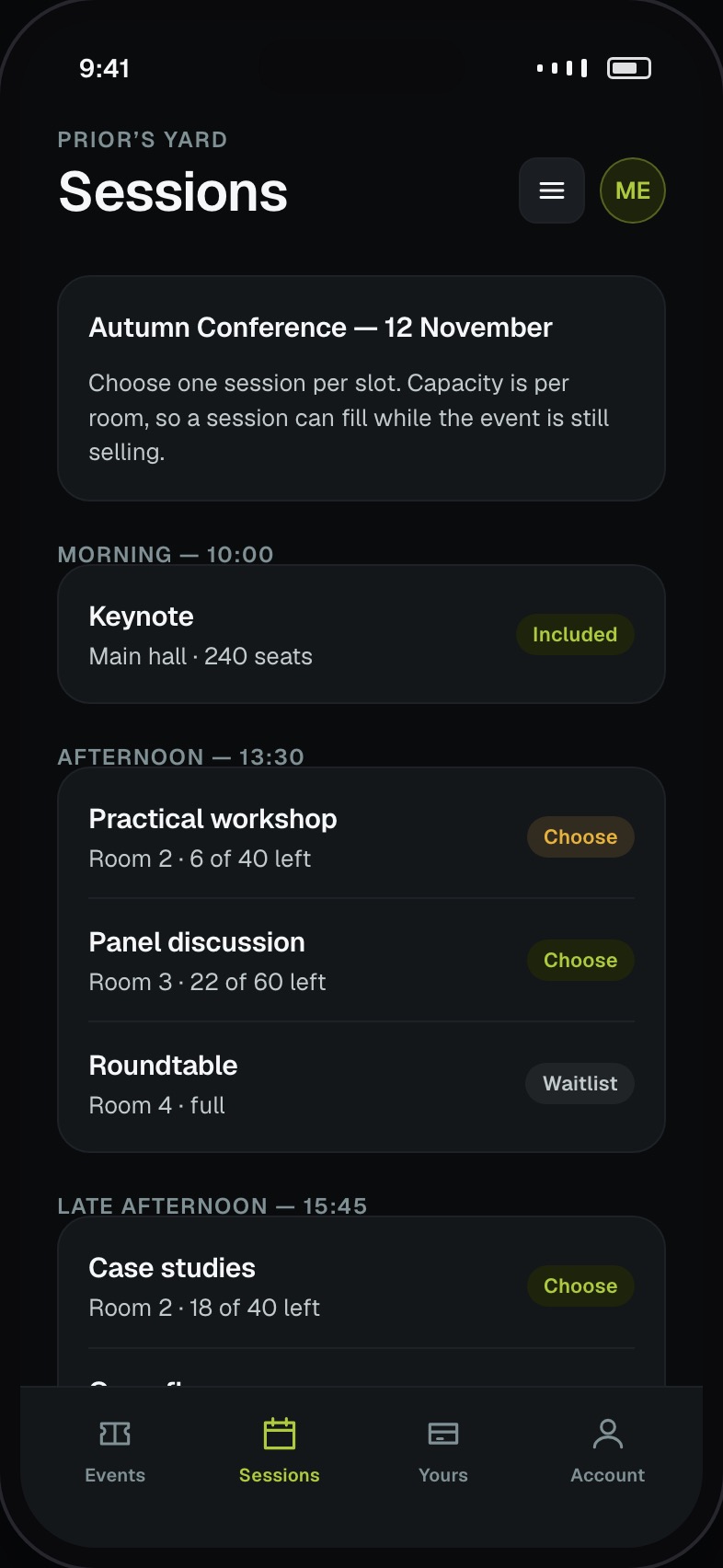 Session picker with capacity per session and clashes prevented