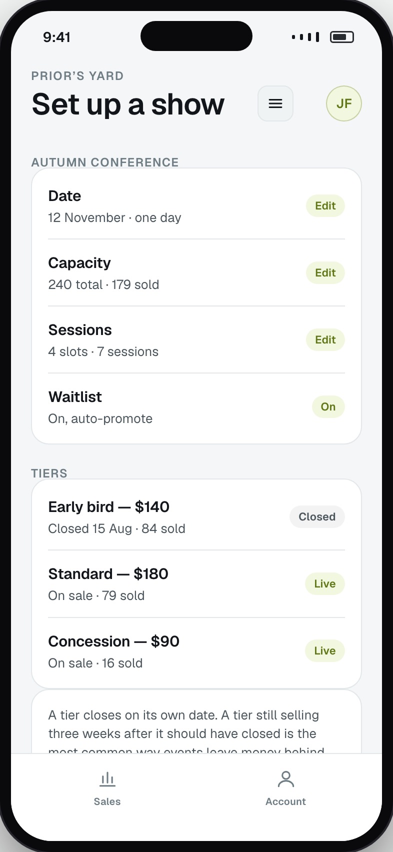 Organiser event setup with sessions, capacity and pricing tiers