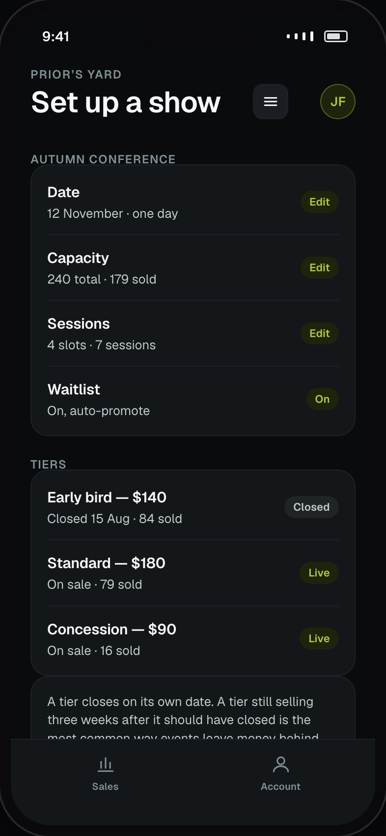 Organiser event setup with sessions, capacity and pricing tiers