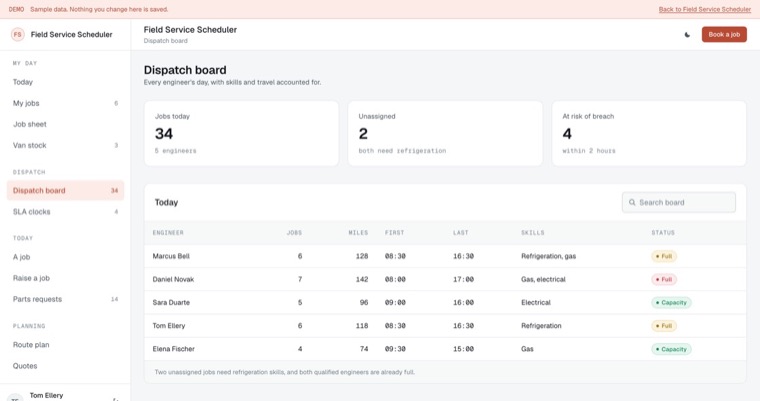 The admin console: every booking of the day against the people who have to be there