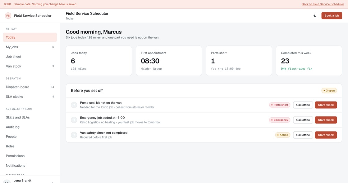 Field service dashboard showing today's jobs, mileage, parts shortages and first-time fix rate