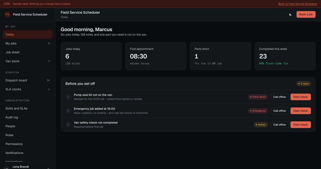 Field service dashboard showing today's jobs, mileage, parts shortages and first-time fix rate