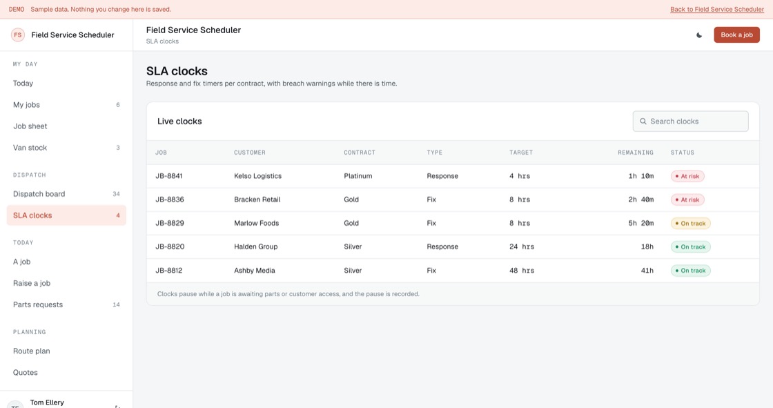 Live response and fix clocks per contract with time remaining and at-risk jobs