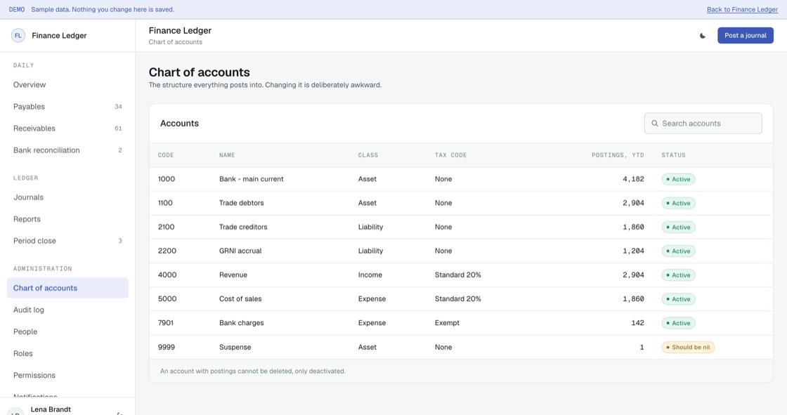 Chart of accounts showing code, name, class, tax code and posting counts