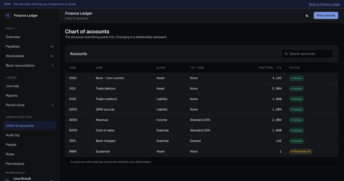 Chart of accounts showing code, name, class, tax code and posting counts