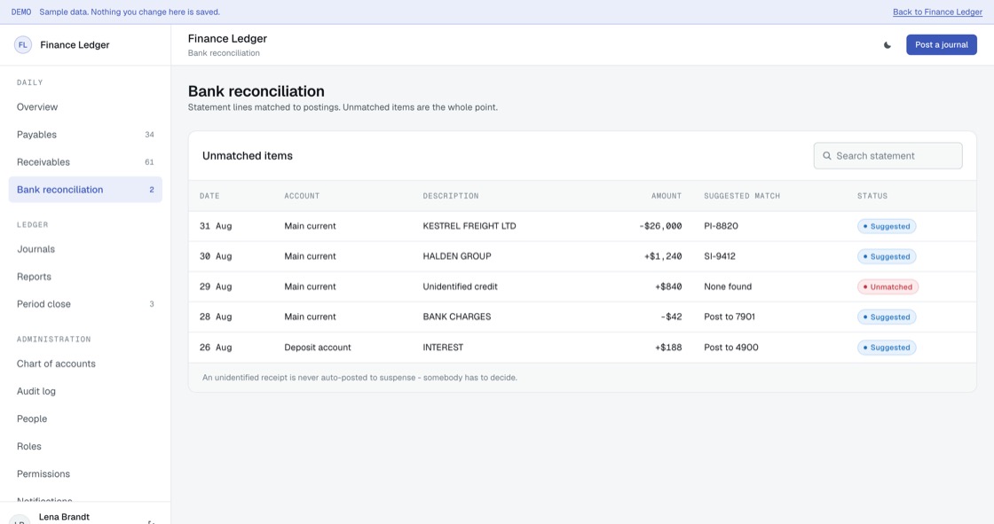 Bank statement lines with suggested matches against postings and unmatched items highlighted