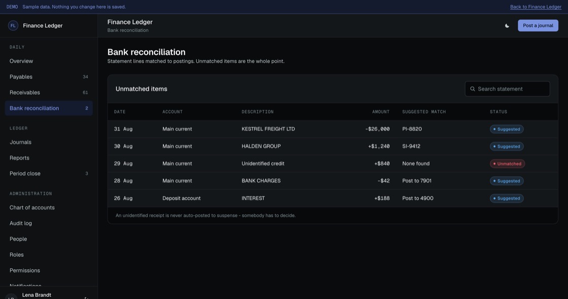 Bank statement lines with suggested matches against postings and unmatched items highlighted