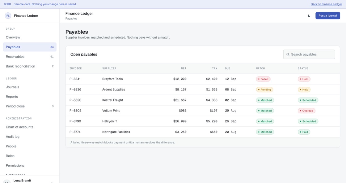 Supplier invoice list with net and tax, due date, three-way match state and payment status