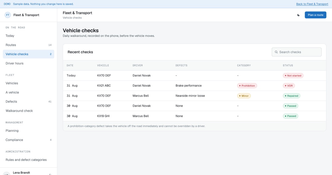Daily walkaround check records with defects found, category and whether the vehicle was taken off the road