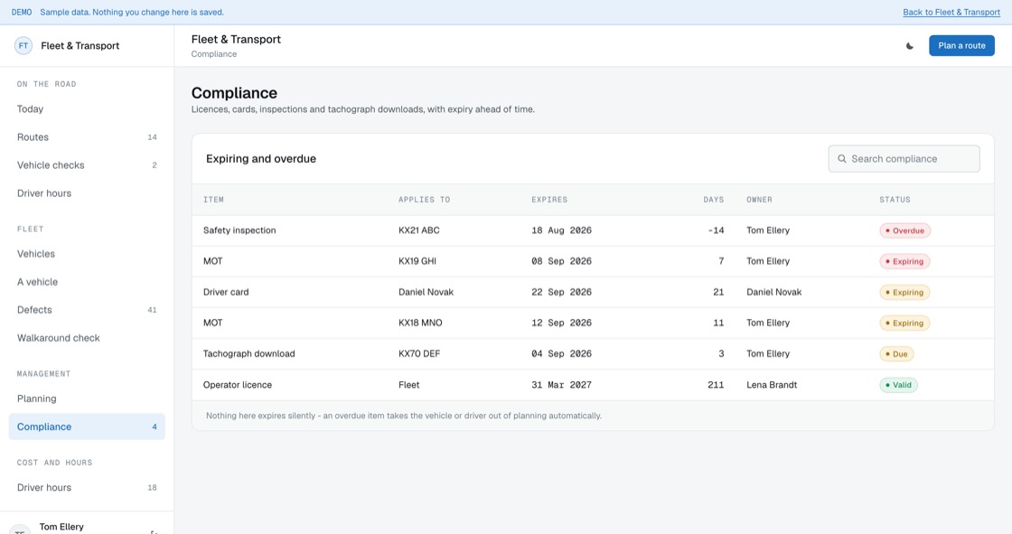 Expiring and overdue compliance items across vehicles and drivers with days remaining
