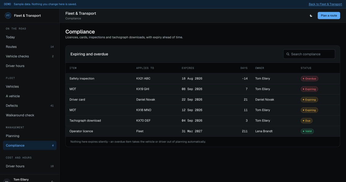 Expiring and overdue compliance items across vehicles and drivers with days remaining