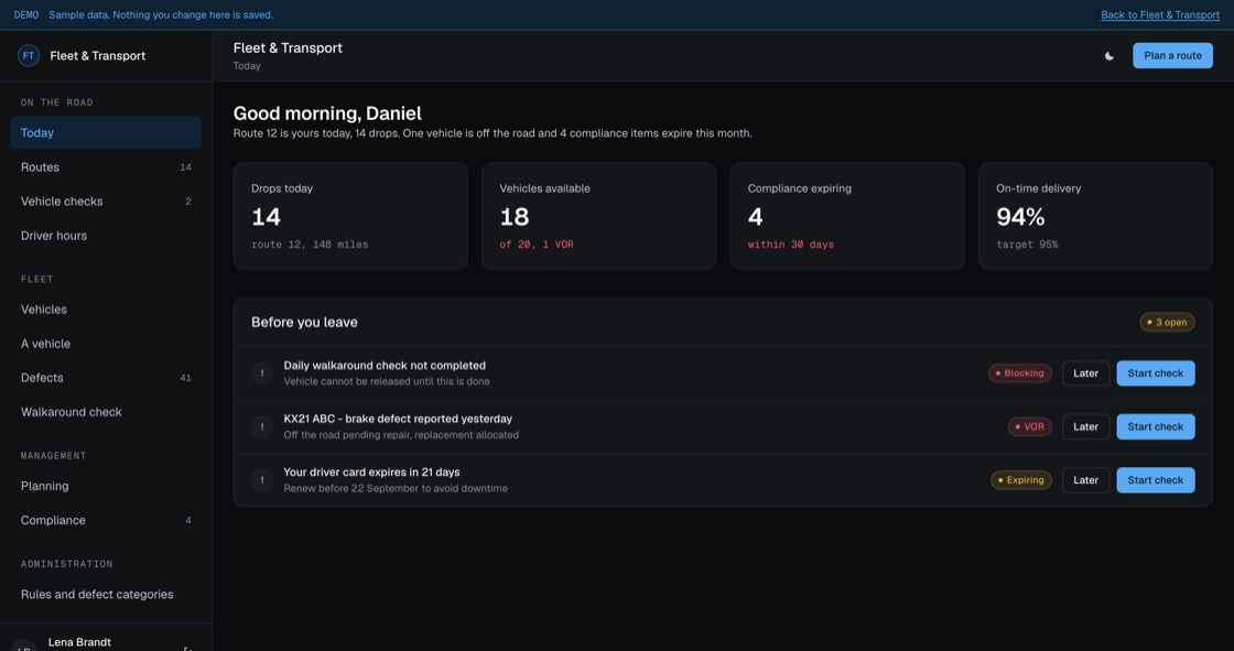 Fleet dashboard showing the day's drops, vehicles available, compliance items expiring and on-time delivery