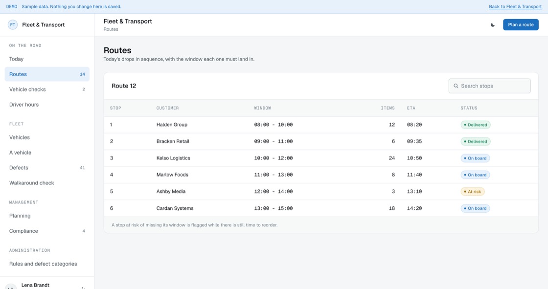 Route detail listing each stop with delivery window, item count, estimated arrival and at-risk flags