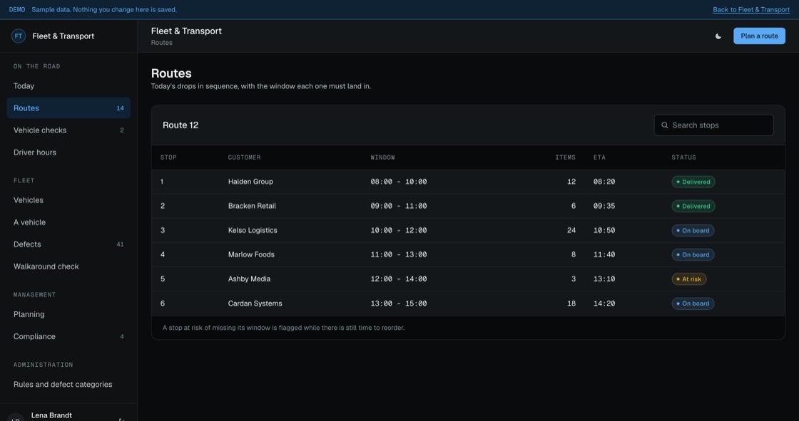 Route detail listing each stop with delivery window, item count, estimated arrival and at-risk flags