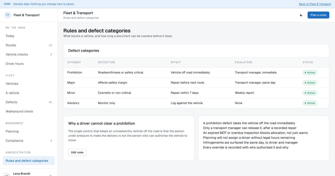 Defect category definitions showing effect on the vehicle and escalation route