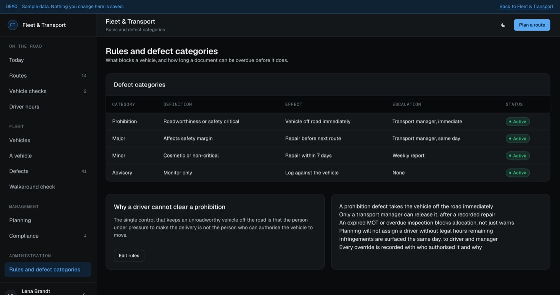 Defect category definitions showing effect on the vehicle and escalation route