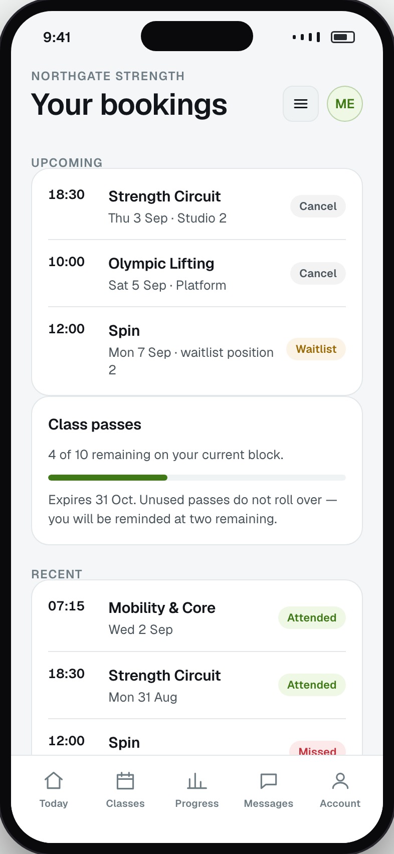 Upcoming bookings with cancel, remaining class passes and recent attendance history