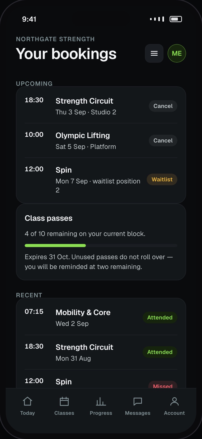 Upcoming bookings with cancel, remaining class passes and recent attendance history