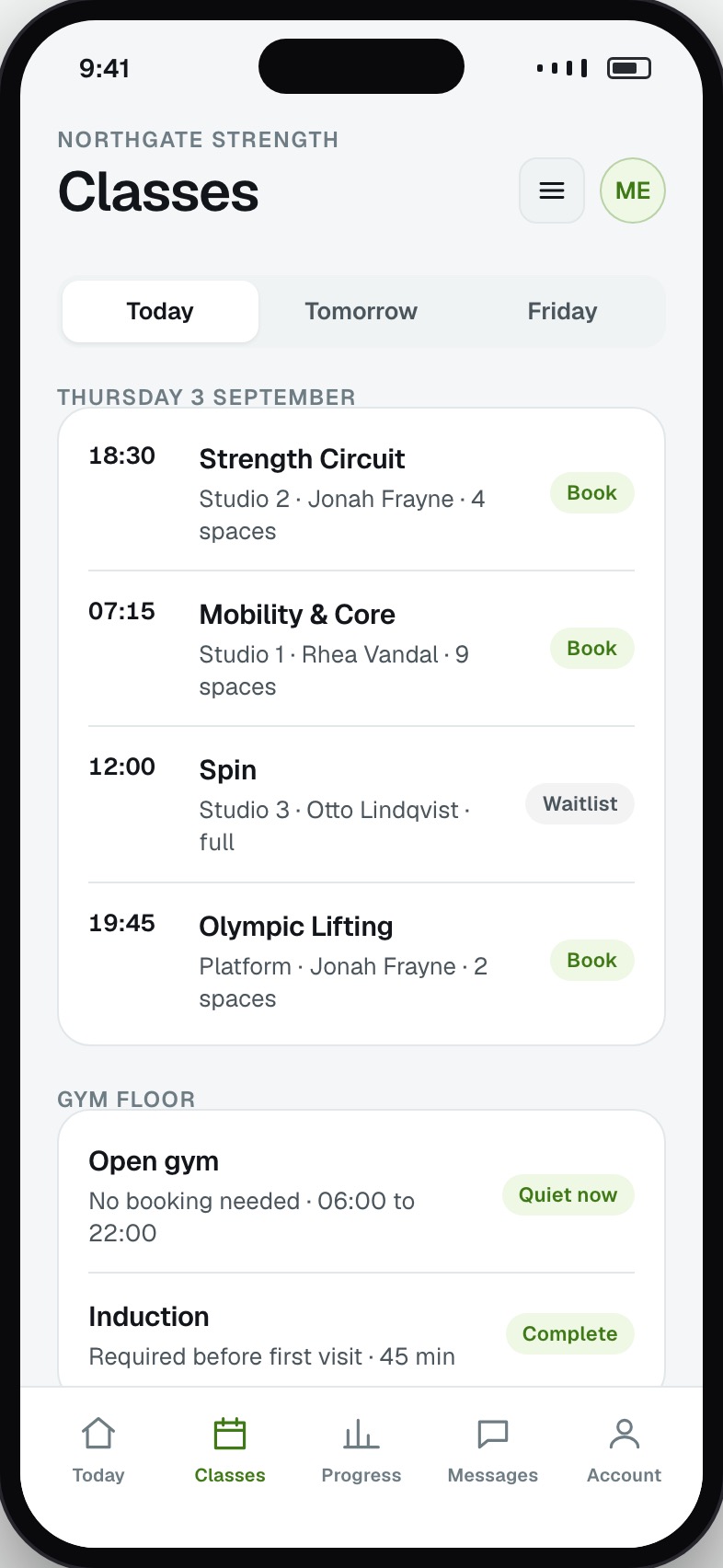 Class timetable for the day with coach, spaces left and a book or waitlist action per class