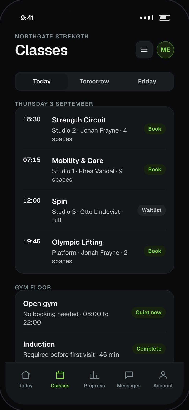 Class timetable for the day with coach, spaces left and a book or waitlist action per class